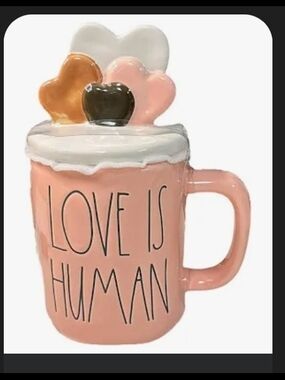 Rae Dunn Pink 'Love Is Human' Ceramic Mug with Multicolor Heart Lid